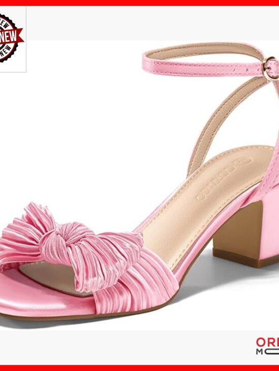 Shoes - Satin Bow Heels Sandals 2.36 Inch Block Heel Ankle Strap Wedding Shoes